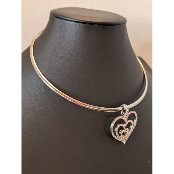 Triple Crystal Hearts by Nolan Miller Pendant & Silver Choker Necklace Dynasty - Picture 2 of 9